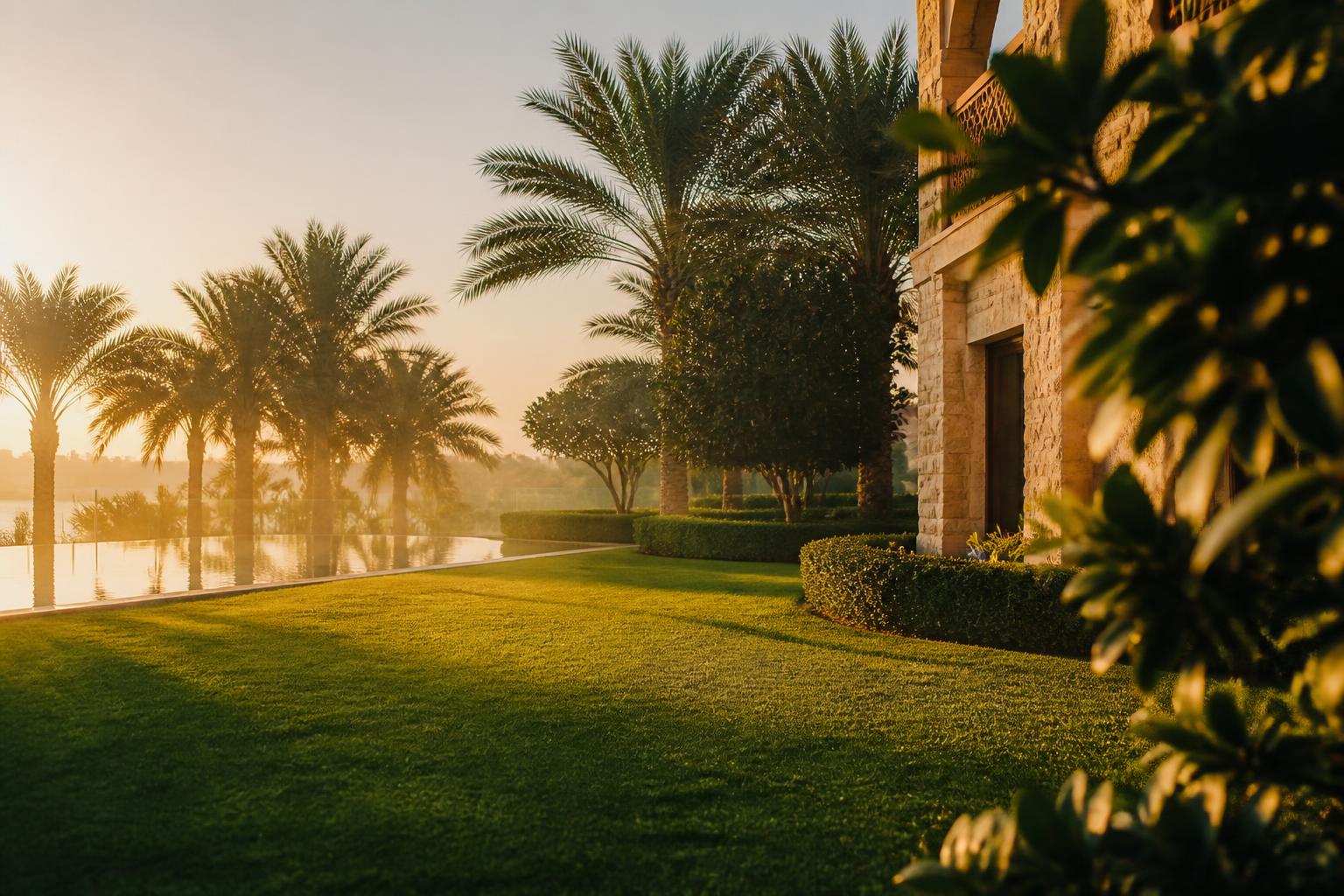 A private Dubai estate garden at golden hour